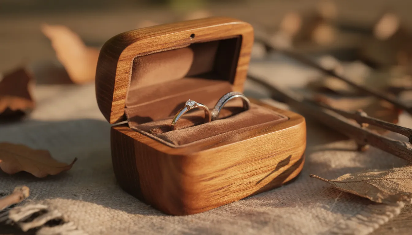 Een rustiek houten ringdoosje met een warme afwerking staat centraal op een natuurlijke achtergrond, perfect voor het presenteren van een verlovingsring tijdens een grote dag. Dit stijlvolle doosje is ontworpen om de details van een liefdesverhaal te accentueren en voegt een luxe touch toe aan elke huwelijksaanzoek.