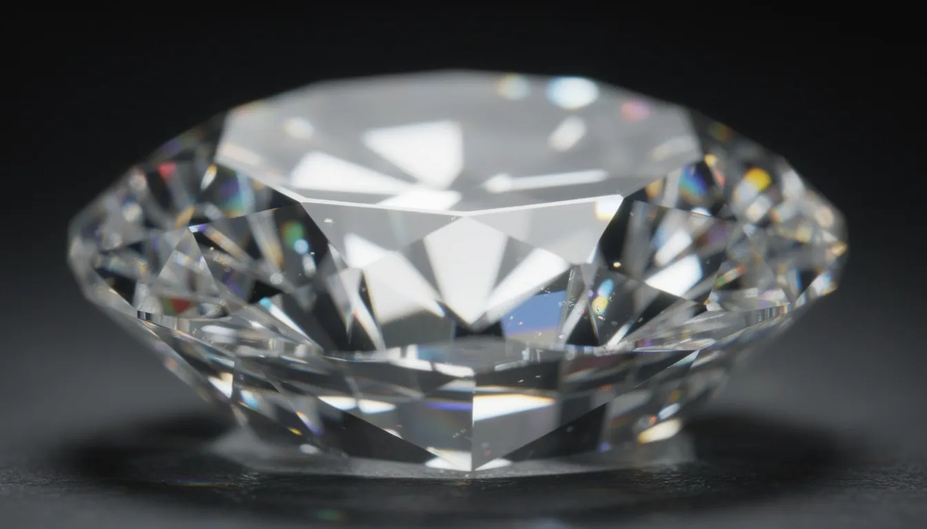 Een extreme close-up van een briljant geslepen diamant toont de schitterende lichtreflecties en de perfecte slijpvorm, wat de tijdloze elegantie van hoogwaardige diamanten benadrukt. Dit beeld roept de gedachte op aan een diamanten verlovingsring, een symbool van liefde en toewijding.