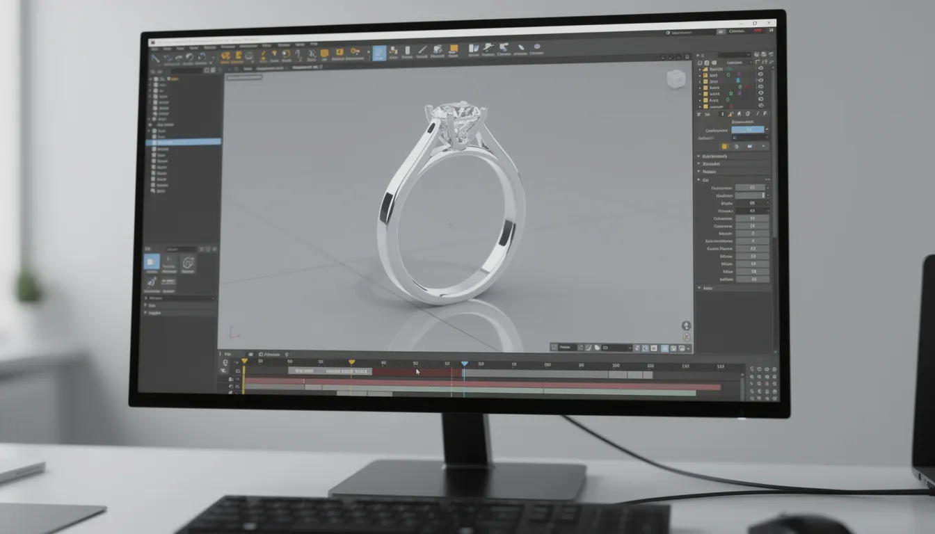 Een 3D-render van een verlovingsring op een computerscherm toont een prachtig ontwerp in geel goud, met verschillende afwerkingen en een unieke structuur. Deze ring kan gepersonaliseerd worden met edelstenen en gravures, perfect voor een bijzondere gebeurtenis zoals een huwelijk.