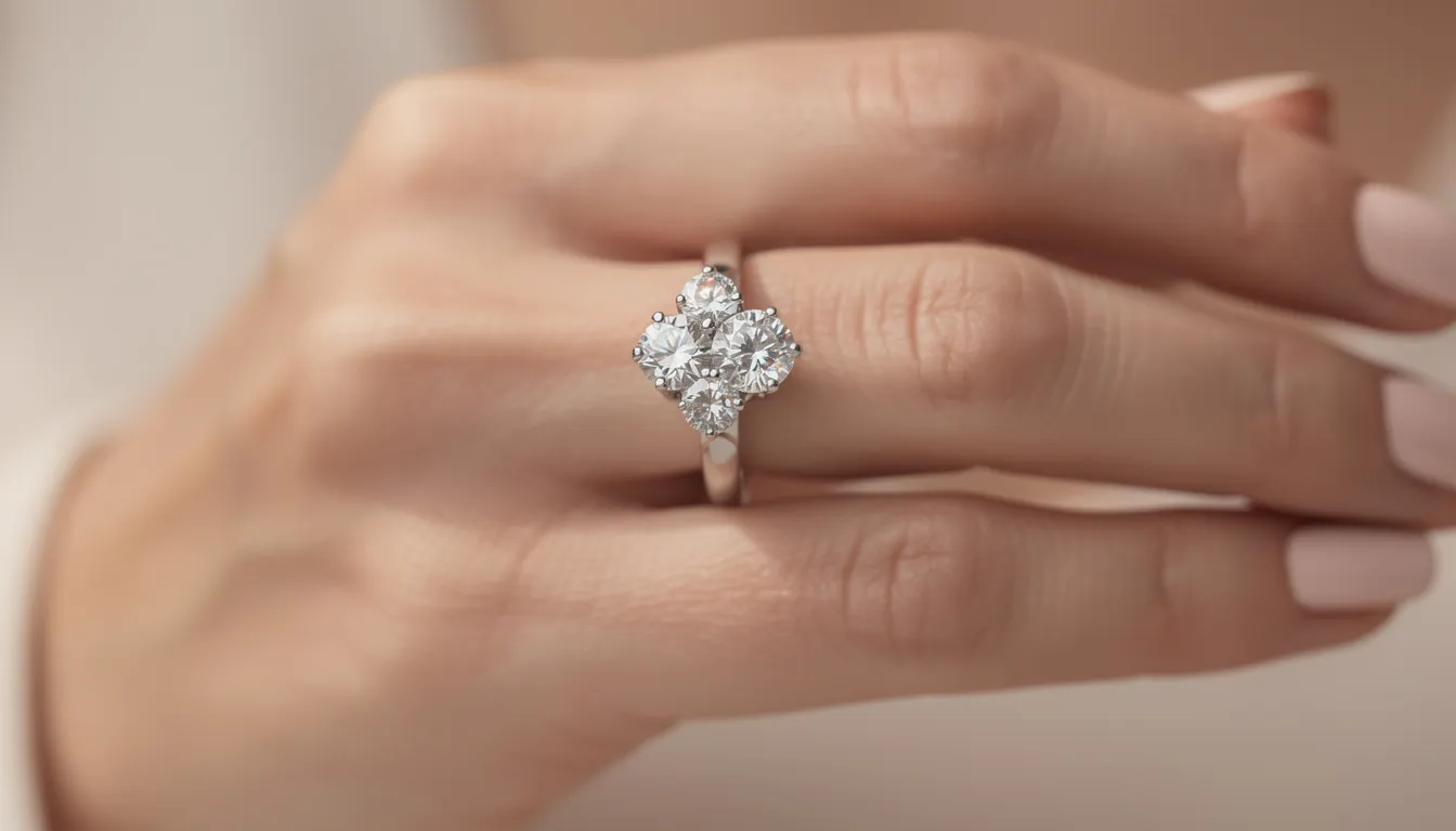 Een elegante trilogie verlovingsring met drie schitterende diamanten is te zien op een vrouwenhand, wat de schoonheid en de symboliek van de gezamenlijke reis van liefde benadrukt. De ring, met een chaton zetting, straalt een tijdloze charme uit en is een perfect voorbeeld van een klassieke trilogie ring.