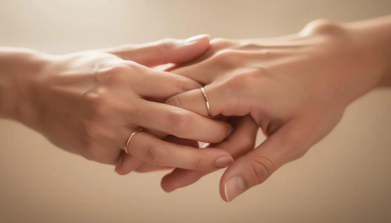 Twee handen die elkaar vasthouden, beide met een mooie ring aan de ringvinger, wat symbool staat voor liefde en verbondenheid. De ringen kunnen een verlovingsring en trouwring zijn, traditioneel gedragen aan de linkerhand in Nederland.