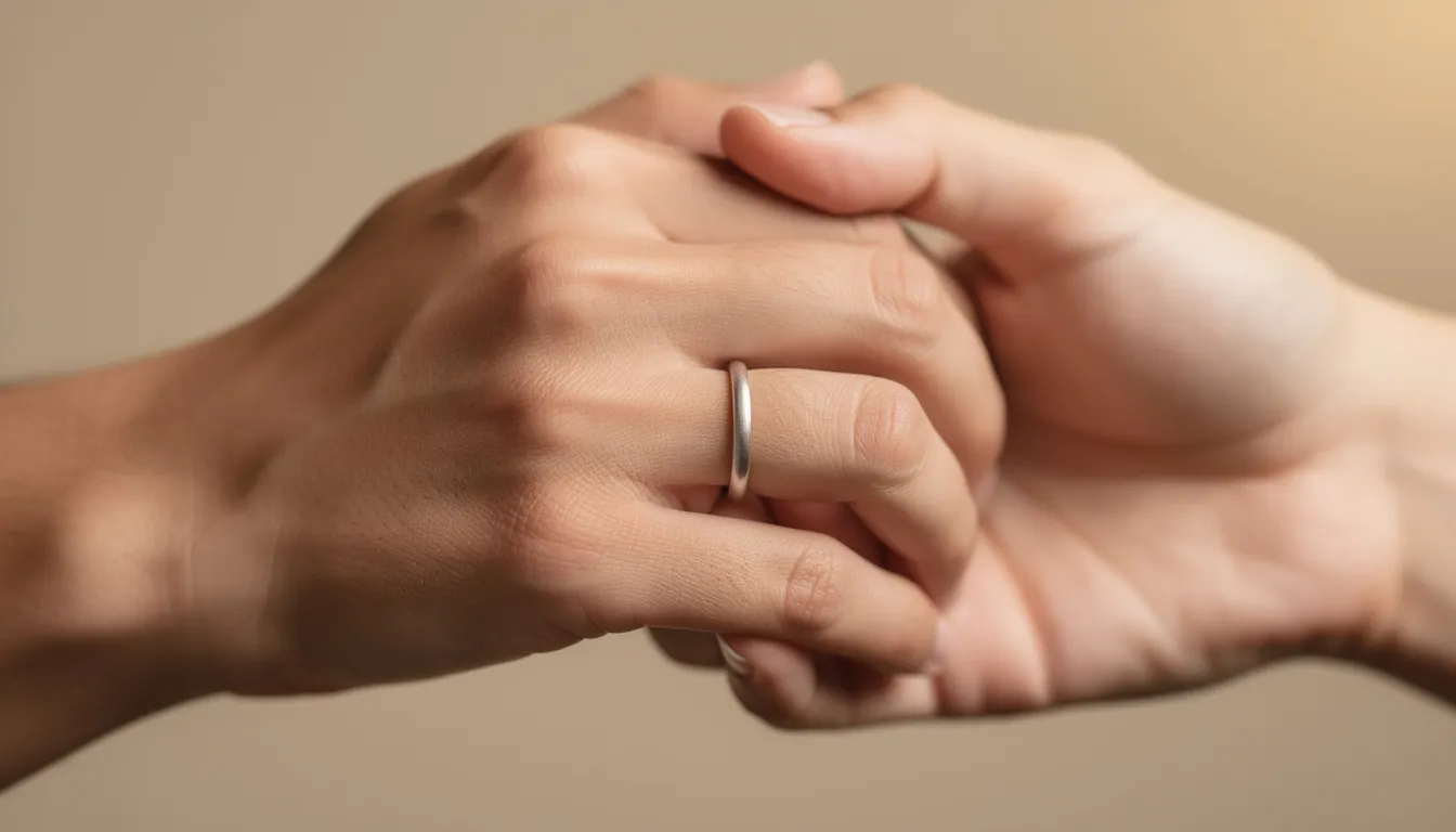 Een close-up van twee handen die elkaar vasthouden, waarbij aan een van de ringvingers een subtiele zilveren belofte ring is te zien. Deze ring symboliseert de toewijding en liefde tussen de twee mensen, een mooi alternatief voor een traditionele verlovingsring.