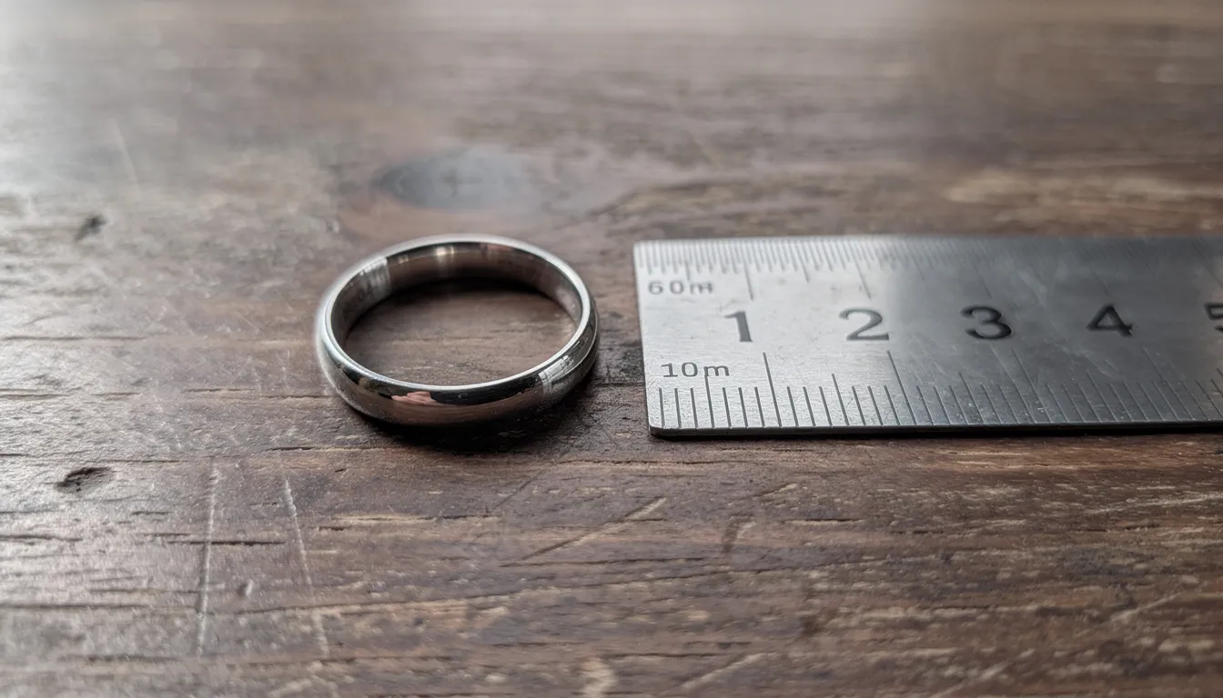 Een close-up van een dunne ring die plat op een houten tafel ligt, met een metalen liniaal ernaast om de ringmaat te meten. De ring is een voorbeeld van sieraden die goed passen en kan helpen bij het bepalen van de juiste ringmaat.