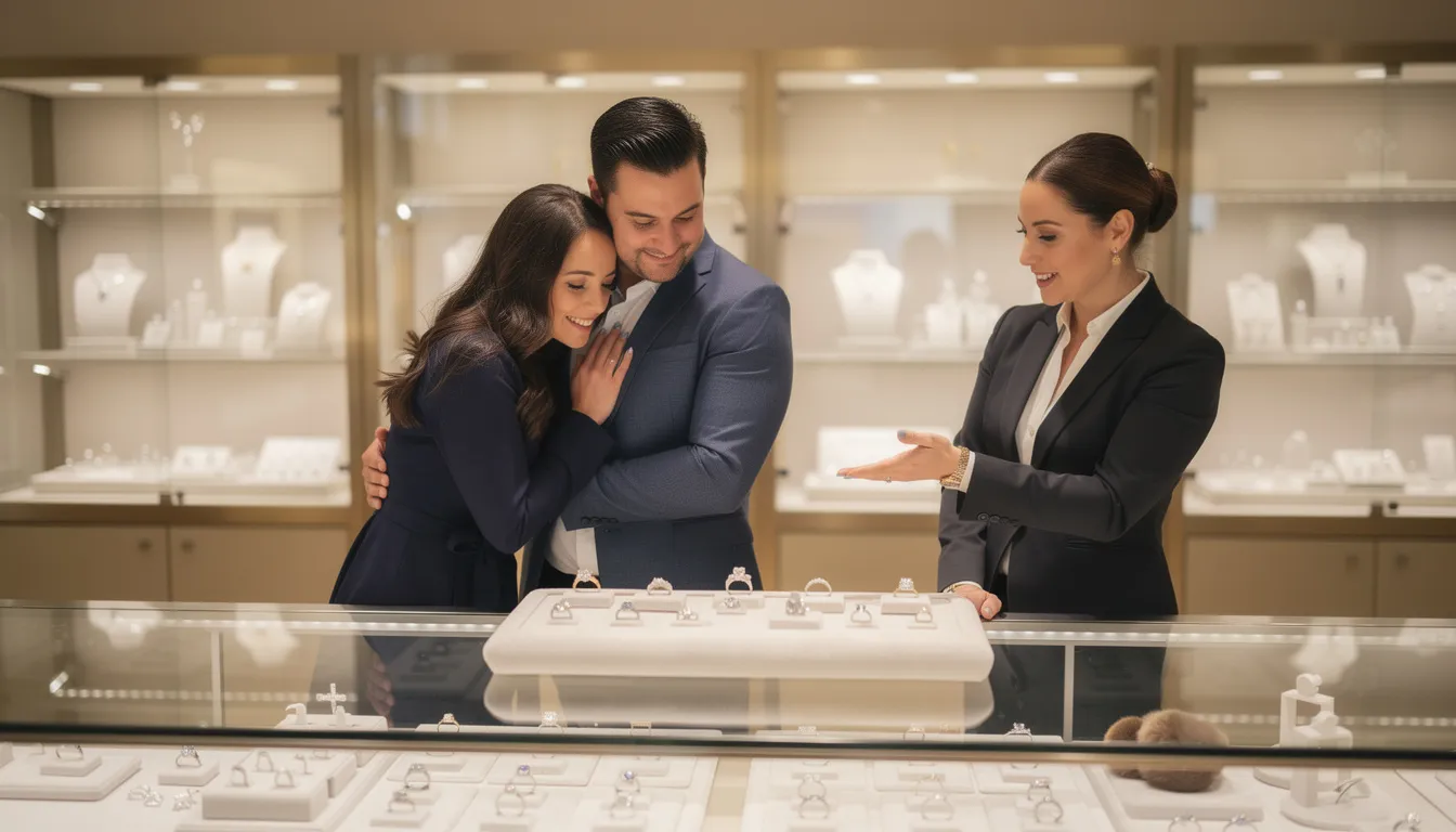 Een stel bekijkt samen verlovingsringen bij een juwelier, waarbij ze zowel lab grown diamanten als natuurlijke diamanten overwegen. Ze worden geïnformeerd over de chemische samenstelling en optische eigenschappen van deze unieke sieraden, die een aantrekkelijke optie bieden met een kleinere ecologische voetafdruk.
