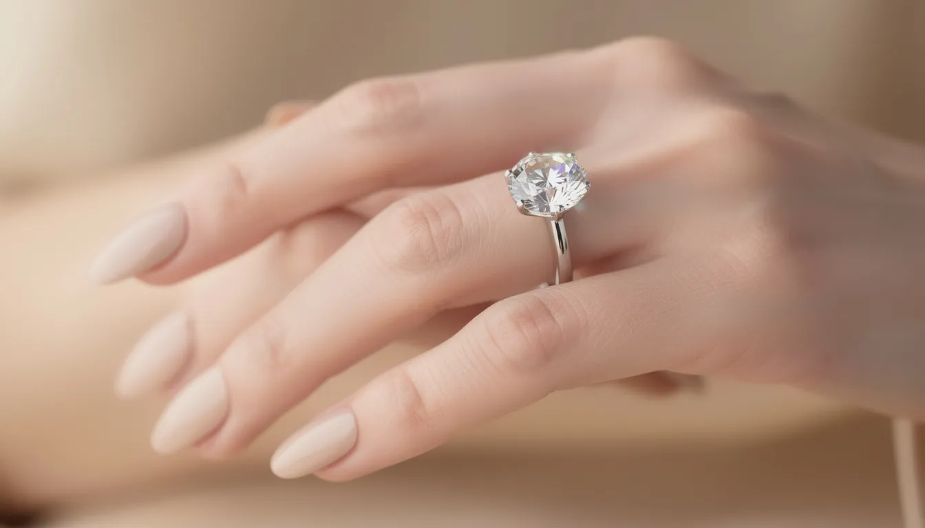 Een elegante verlovingsring met een grote, sprankelende diamant in het midden, gedragen op een slanke hand. De ring is vervaardigd uit wit goud en benadrukt de schoonheid van de steen, die perfect is geslepen voor een uitstekende helderheid.