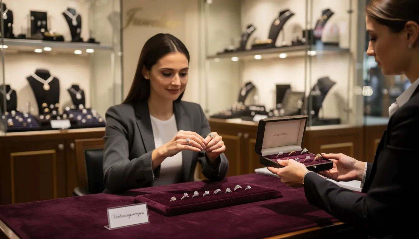 Een persoon past verschillende trilogie verlovingsringen met diamanten bij een juwelier, waarbij de schittering van de stenen in de chaton zetting opvalt. De ringen, elk met drie stenen, symboliseren een gezamenlijke reis vol liefde en schoonheid.