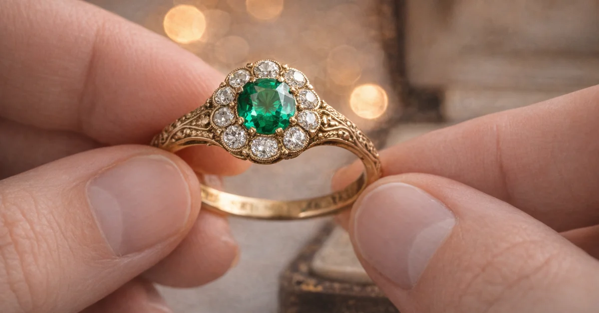 Antieke ring met smaragd en diamanten