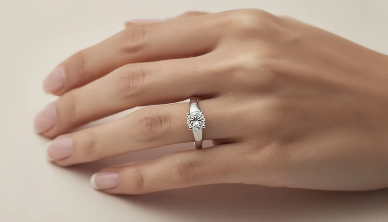 Een hand toont een elegante verlovingsring met een schitterende diamant, gezet in een witgouden zetting. Deze ring heeft een tijdloze uitstraling en benadrukt de unieke eigenschappen van witgouden sieraden, die vaak worden gerhodineerd voor extra glans en bescherming.