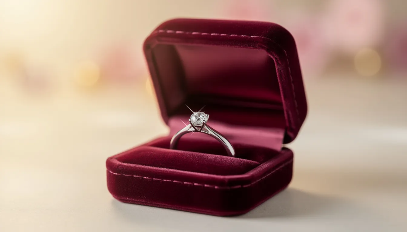 Een elegant fluwelen ringdoosje wordt geopend, onthullend een fonkelende verlovingsring die straalt van schoonheid. Dit luxe doosje is perfect voor een huwelijksaanzoek op jouw grote dag.
