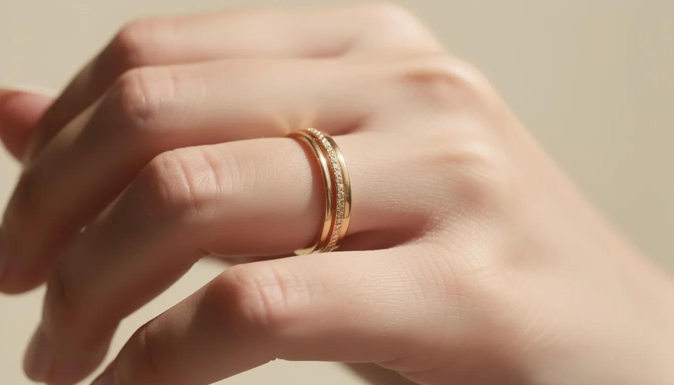 Close-up van een hand met twee ringen gestapeld op de ringvinger, waaronder een prachtige verlovingsring met een briljant geslepen diamant en een bijpassende trouwring. De ringen zijn vakkundig vervaardigd en stralen romantiek en een sterke emotionele band uit, perfect voor een huwelijk.