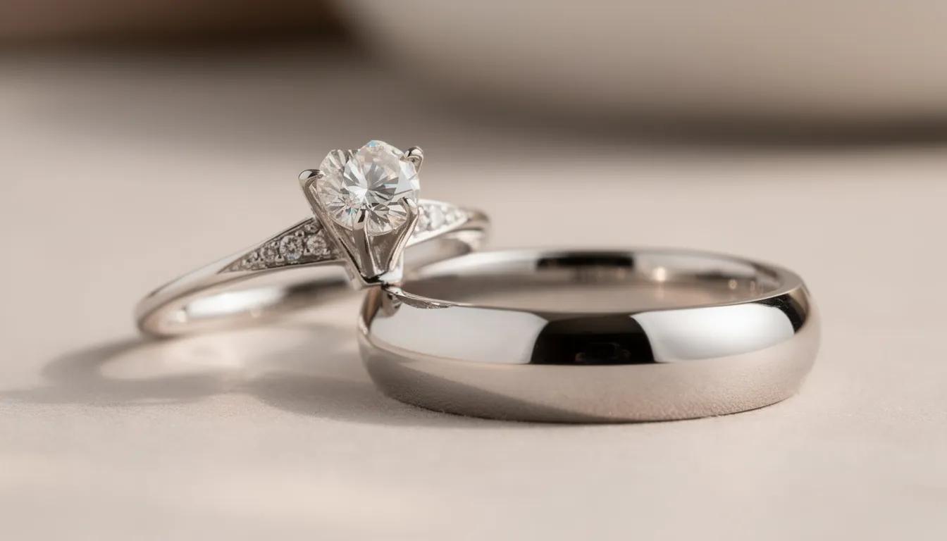 Een close-up van een prachtige verlovingsring met een hoge zetting, versierd met een briljant geslepen diamant, ligt naast een bijpassende trouwring van witgoud. Samen symboliseren deze ringen een sterke emotionele band en de belofte van een huwelijk.