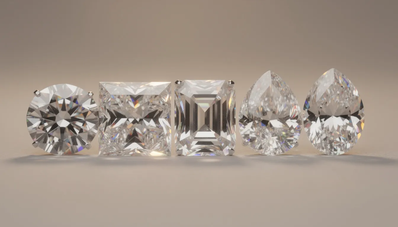 Close-up van verschillende diamant slijpvormen, zoals rond, prinses en ovaal, naast elkaar op een neutrale achtergrond, waardoor de schoonheid en sprankeling van elke slijpvorm goed te zien is. Deze variëteit aan diamanten illustreert de mogelijkheden voor bijvoorbeeld een verlovingsring of solitaire ring.