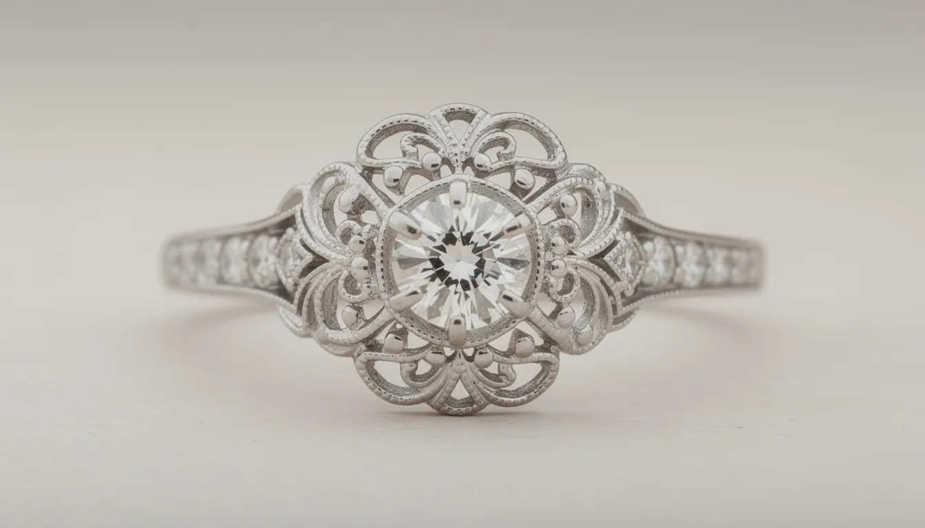 Een Edwardiaanse verlovingsring in platina, versierd met filigraan en kleine diamanten die een kantachtig patroon vormen. Deze unieke ring straalt een vleugje nostalgie uit en is een prachtig voorbeeld van antieke sieraden uit verschillende stijlperiodes.