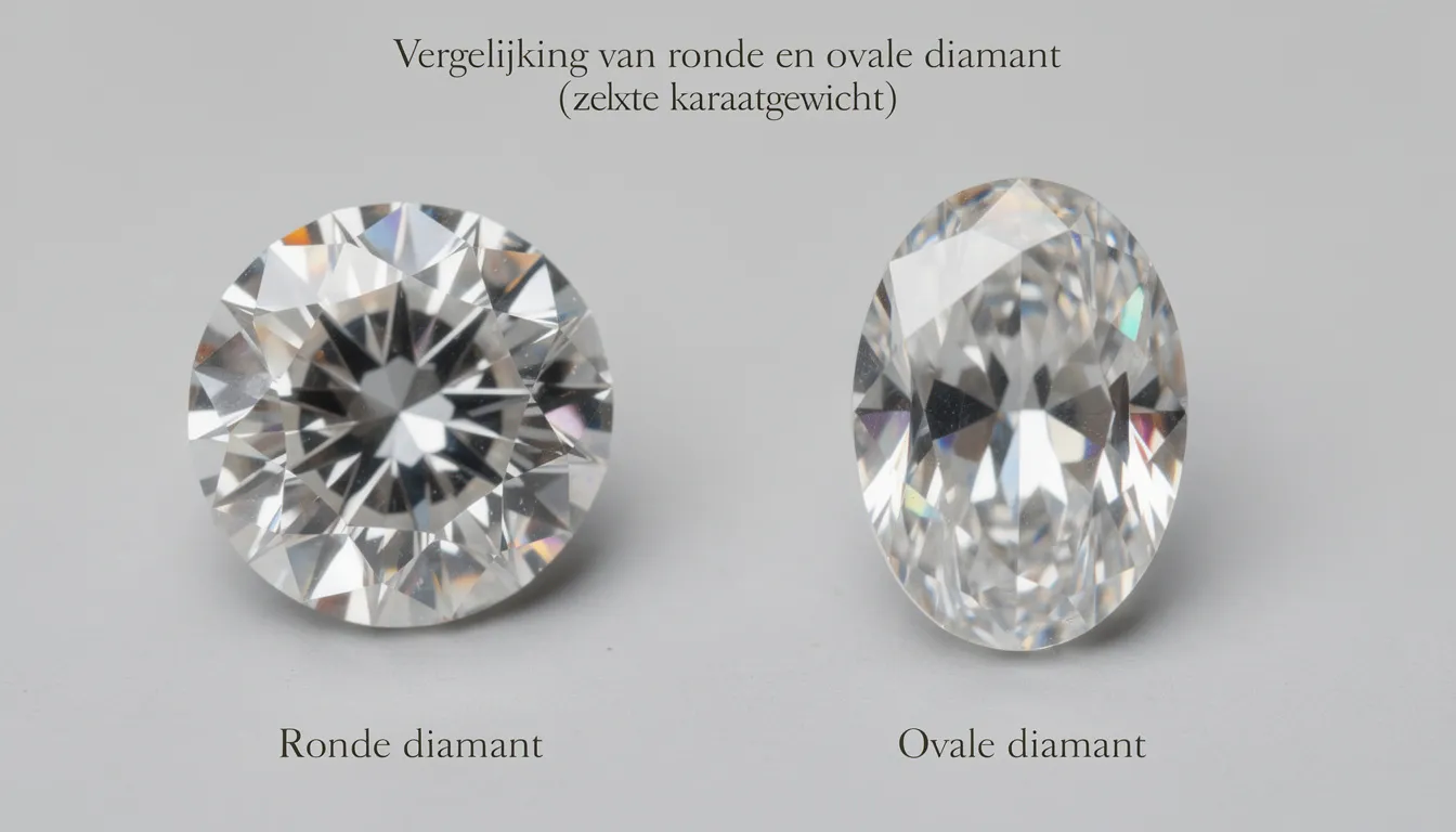 De afbeelding toont een vergelijking van een ronde en een ovale diamant, beide van hetzelfde karaatgewicht. De verschillen in afmetingen en vormen zijn duidelijk zichtbaar, wat helpt bij het kiezen van de juiste stijl voor een verlovingsring of andere sieraden.