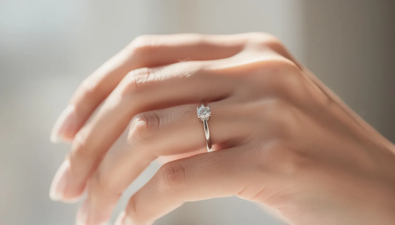 Close-up van een hand met een elegante verlovingsring aan de linker ringvinger, die de symbolische betekenis van liefde en toewijding uitdrukt. De ring, vaak gemaakt met een diamant, is een perfect voorbeeld van een verlovingsring die traditioneel gezien aan de linkerhand wordt gedragen.