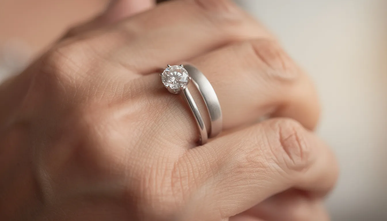 Een close-up van een hand met een prachtige verlovingsring en bijpassende trouwring, beide schitterend op de ringvinger van de rechterhand. De verlovingsring heeft een briljant geslepen diamant in een hoge zetting, terwijl de trouwring perfect combineert met de verlovingsring, wat de sterke emotionele band tussen de twee ringen benadrukt.