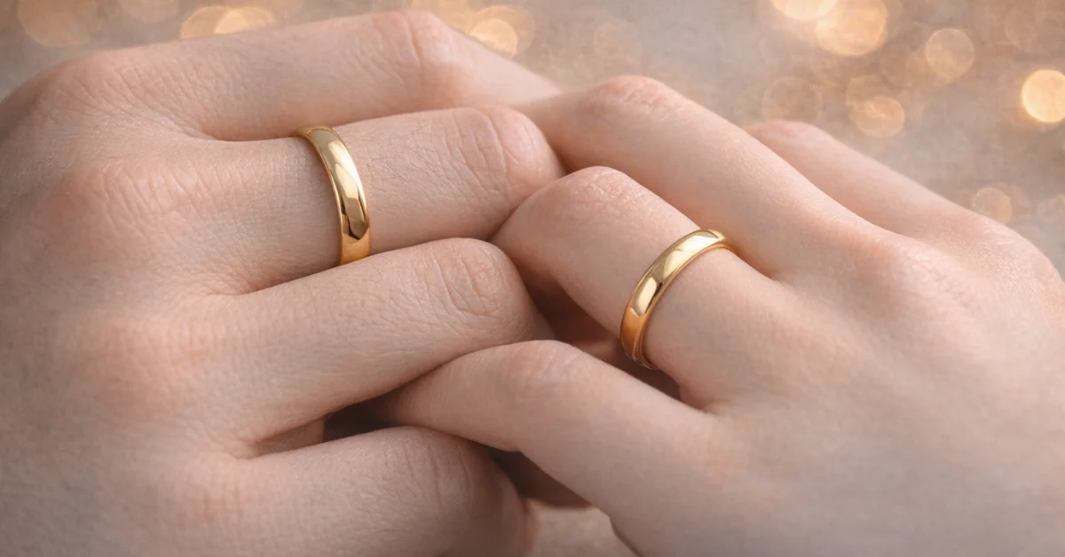 Verstrengelde handen met gouden ringen