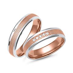 Trouwringen rosegoud en witgoud 5 diamanten