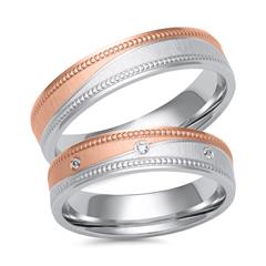 Trouwringen wit- en roségoud 3 diamanten